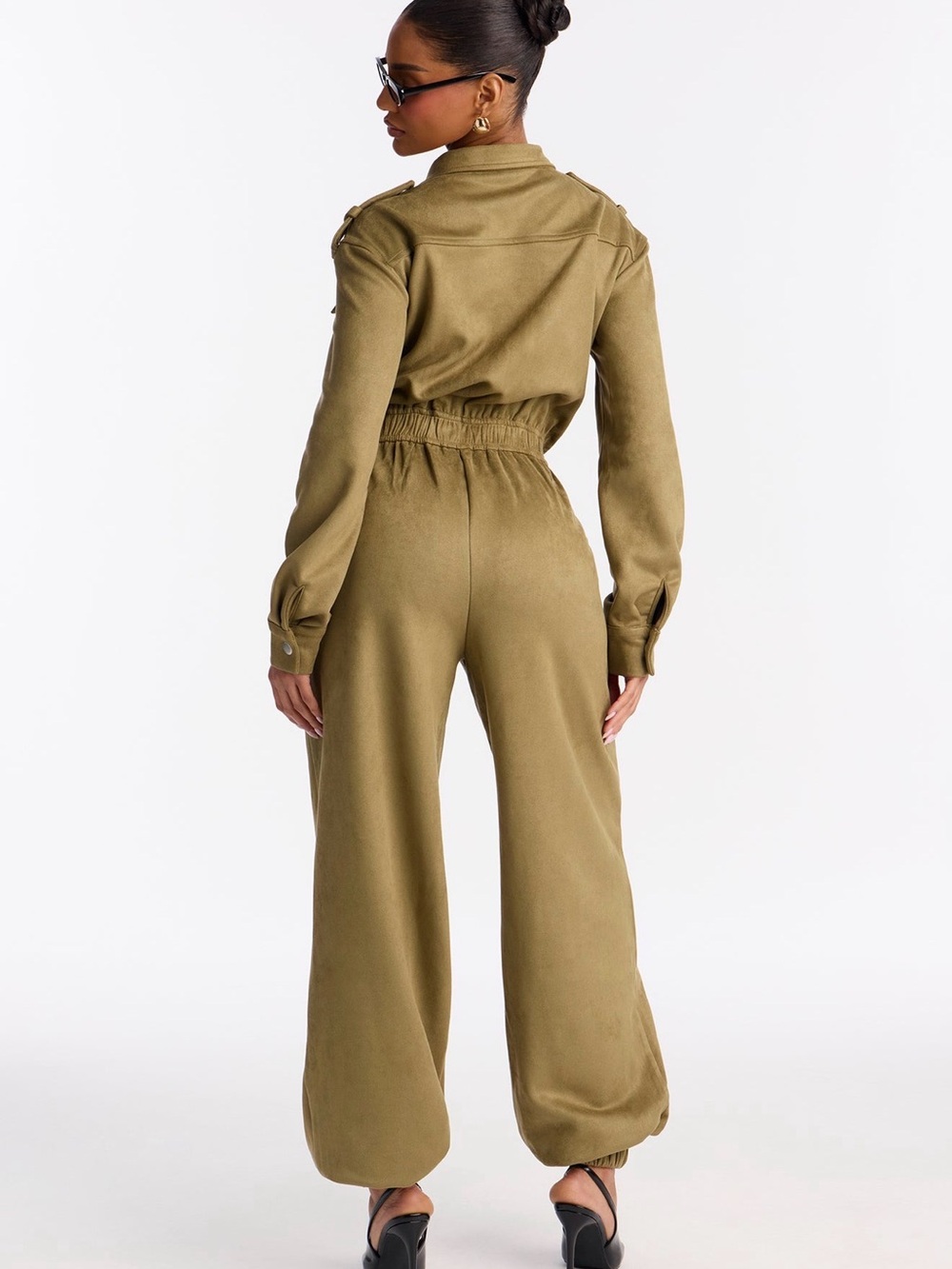 Fashion Nova Olive Suede Cargo Zip-Front Jogger Jumpsuit - XL - Picture 5 of 6